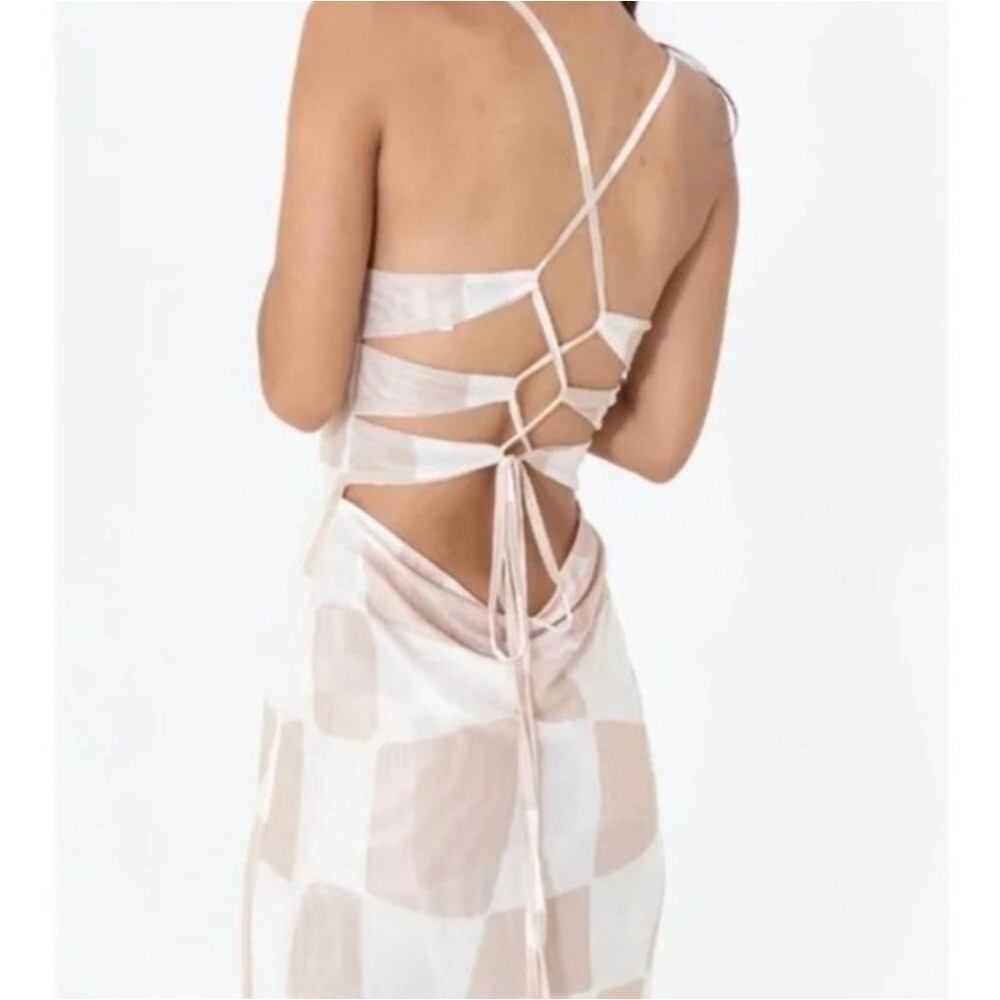 Find Me Now Kai Tie Back Stretch Mesh Dress Midi Medium Checker Mojave Backless